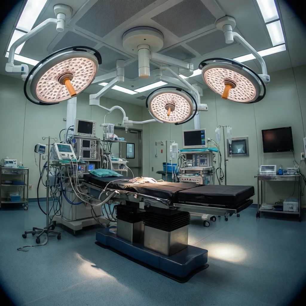 Hybrid operating room layout with surgical lights angiography imaging system and equipment booms