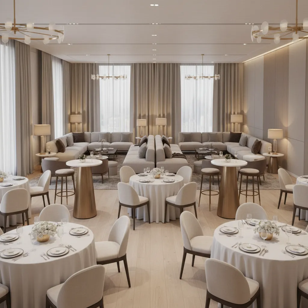 hybrid party layout combining seated tables lounge seating and cocktail tables