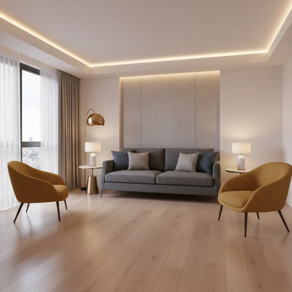 Hybrid seating and standing layout for a small living room party