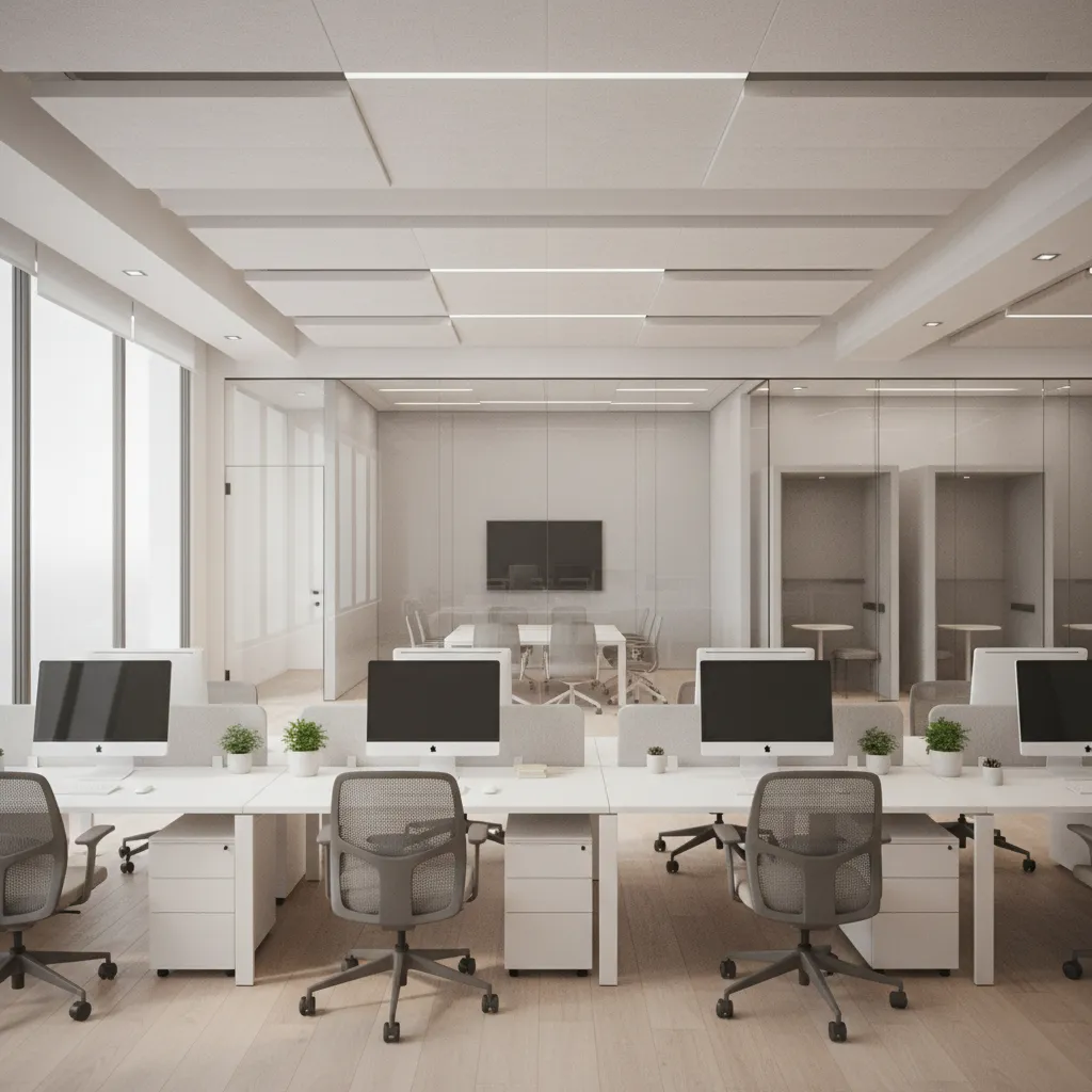 Hybrid real estate office layout combining open desks and private rooms