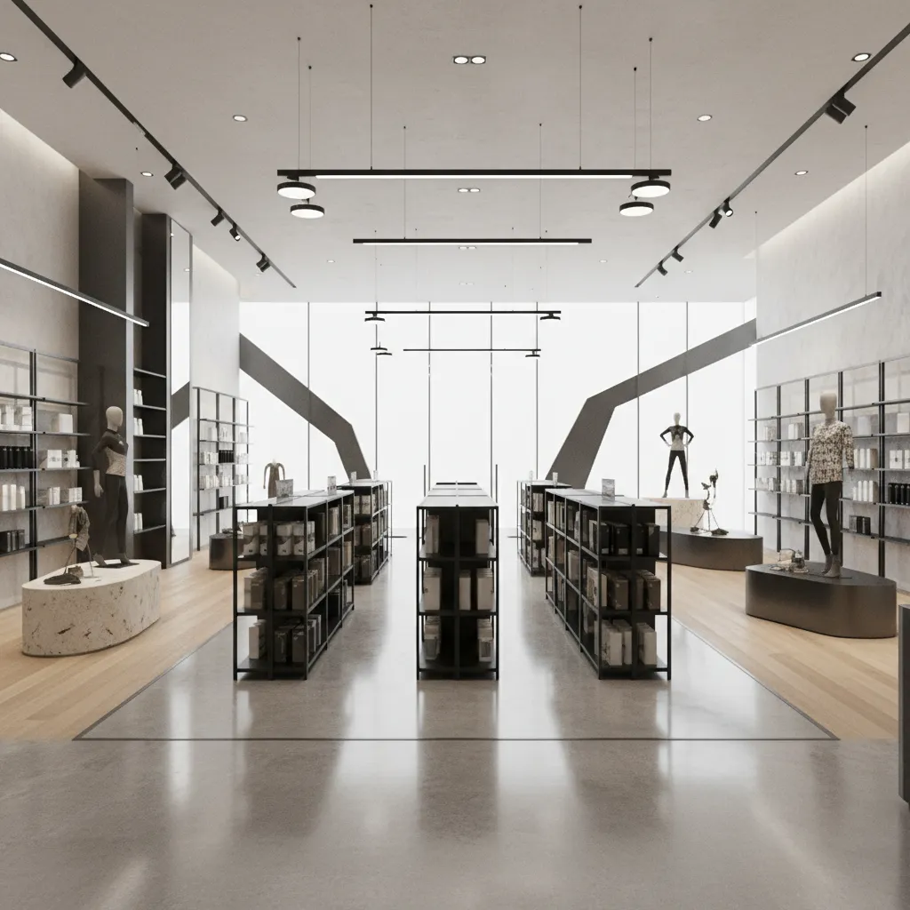 Interior de tienda que combina pasillos paralelos con zonas diagonales de exposición
