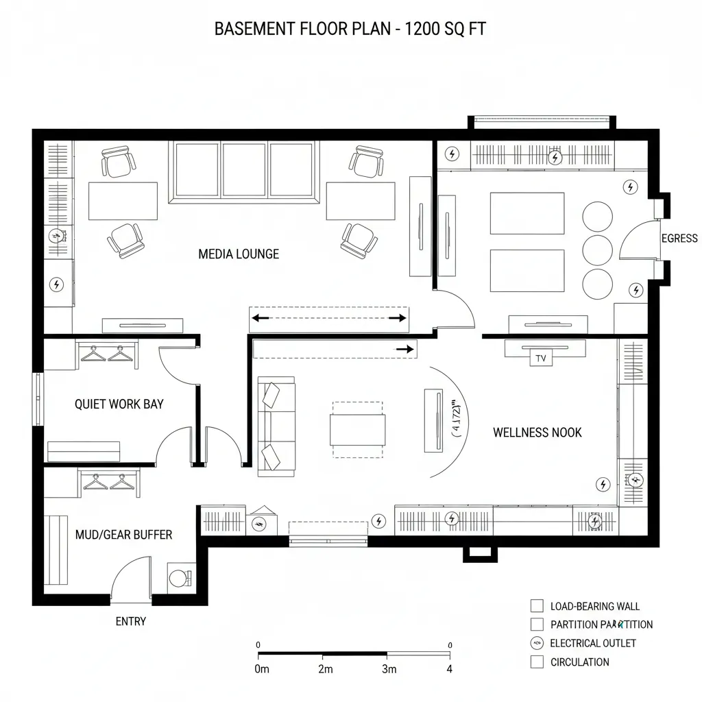 Top-down CAD plan of 1200 sq ft basement with work bay, media lounge, wellness nook and storage