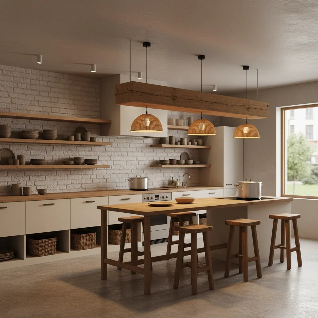 hybrid rustic and modern cozy kitchen with wood accents and minimalist cabinets