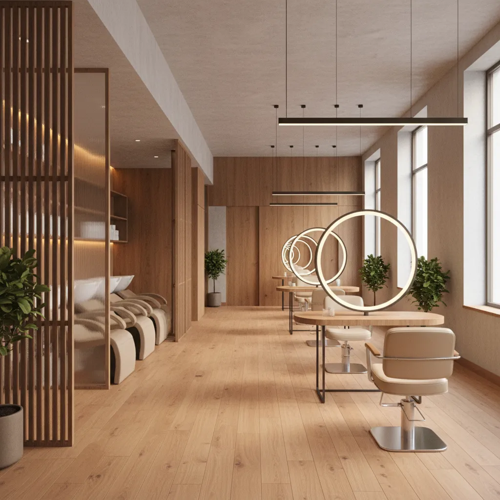 Hybrid salon layout with open styling area and semi private wash zone