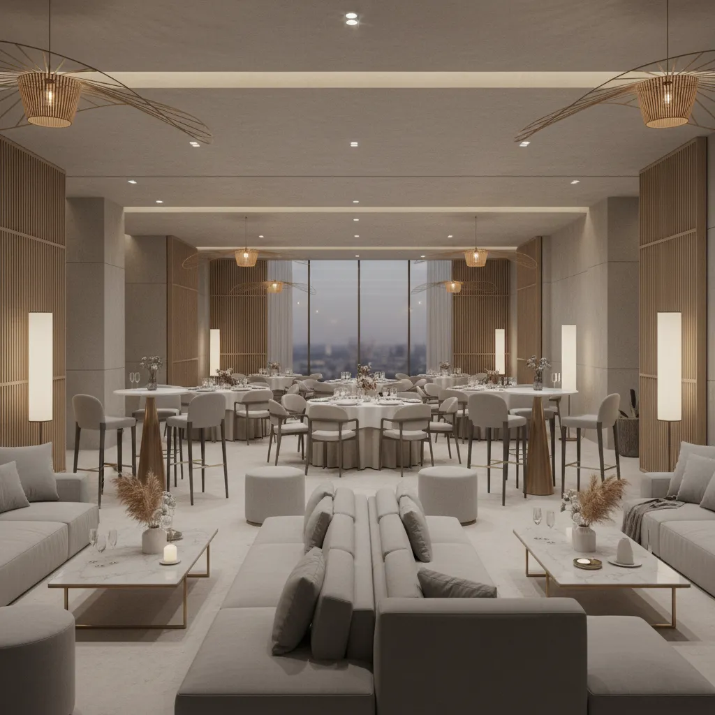 Hybrid party layout with lounge seating cocktail tables and dining tables