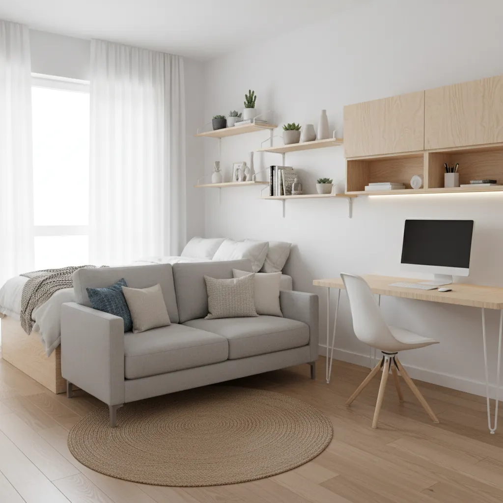 small apartment interior combining store bought furniture with DIY shelves