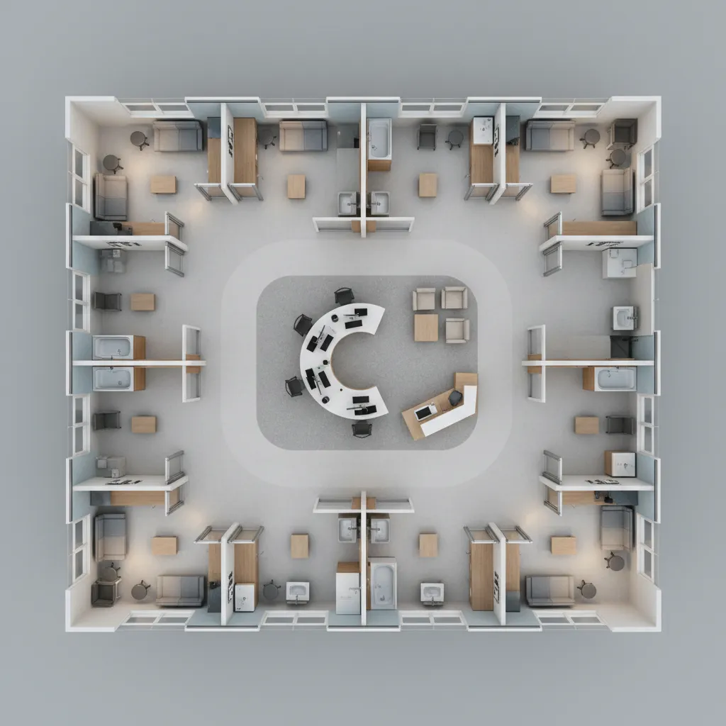 3D floor plan visualization of hybrid small clinic layout with exam rooms and central station