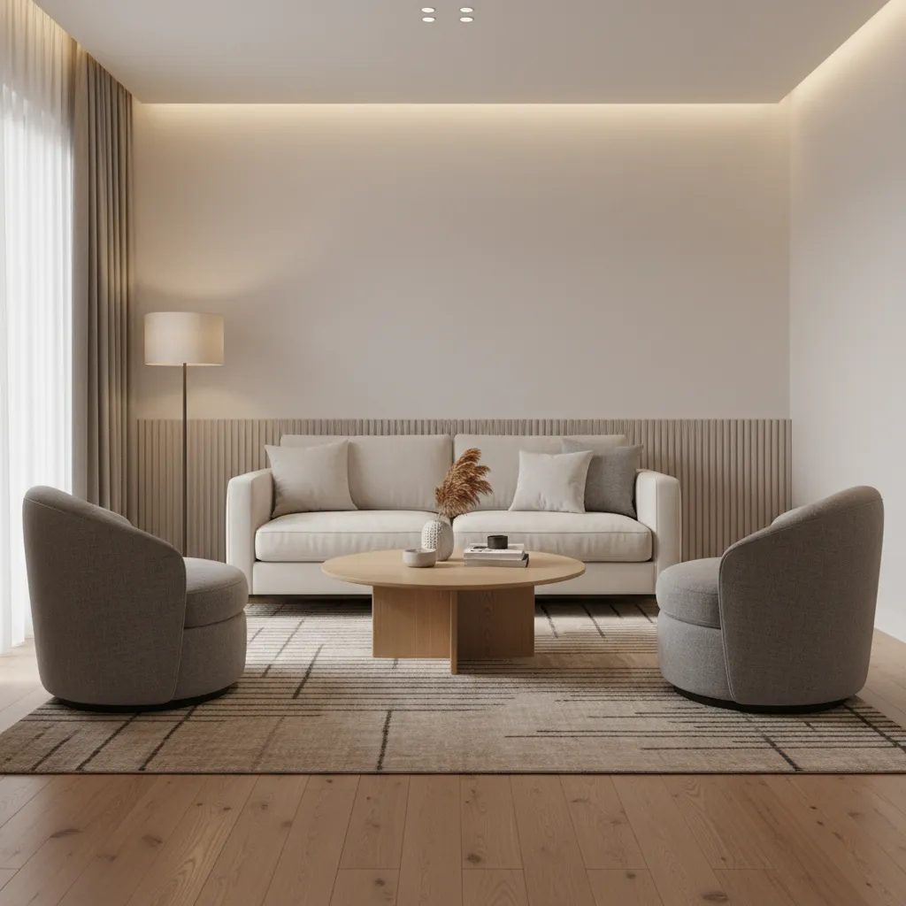 Hybrid living room layout with sofa and two swivel chairs