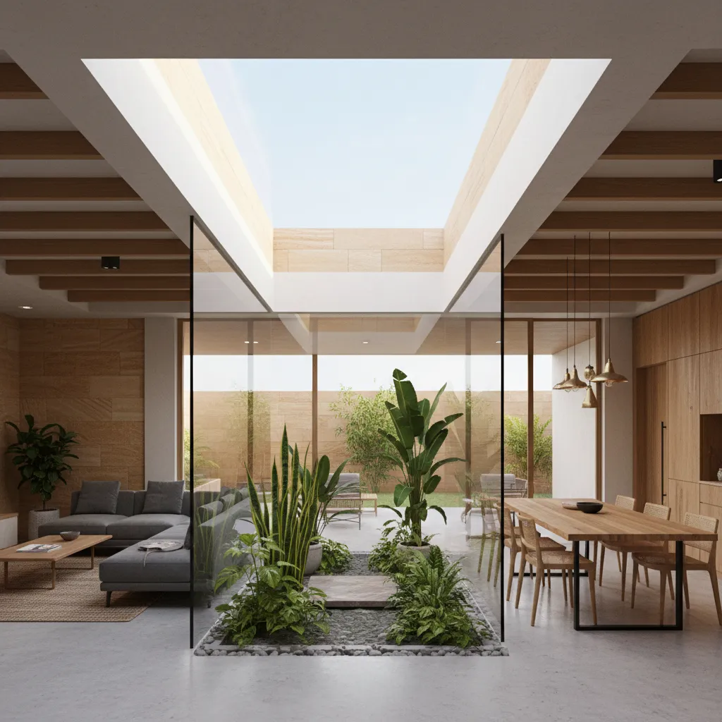 Hybrid South Indian home interior combining small courtyard with modern living space