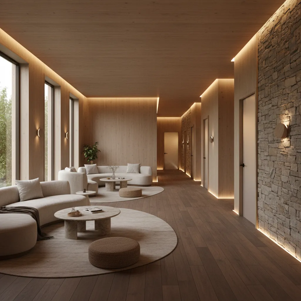 Hybrid spa layout combining open lounge with private therapy rooms