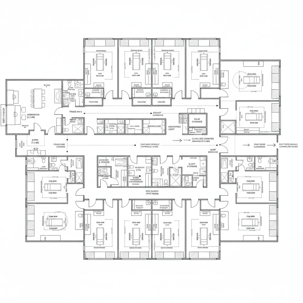 Top-down plan of central spine with modular clinic pods and parallel staff corridor