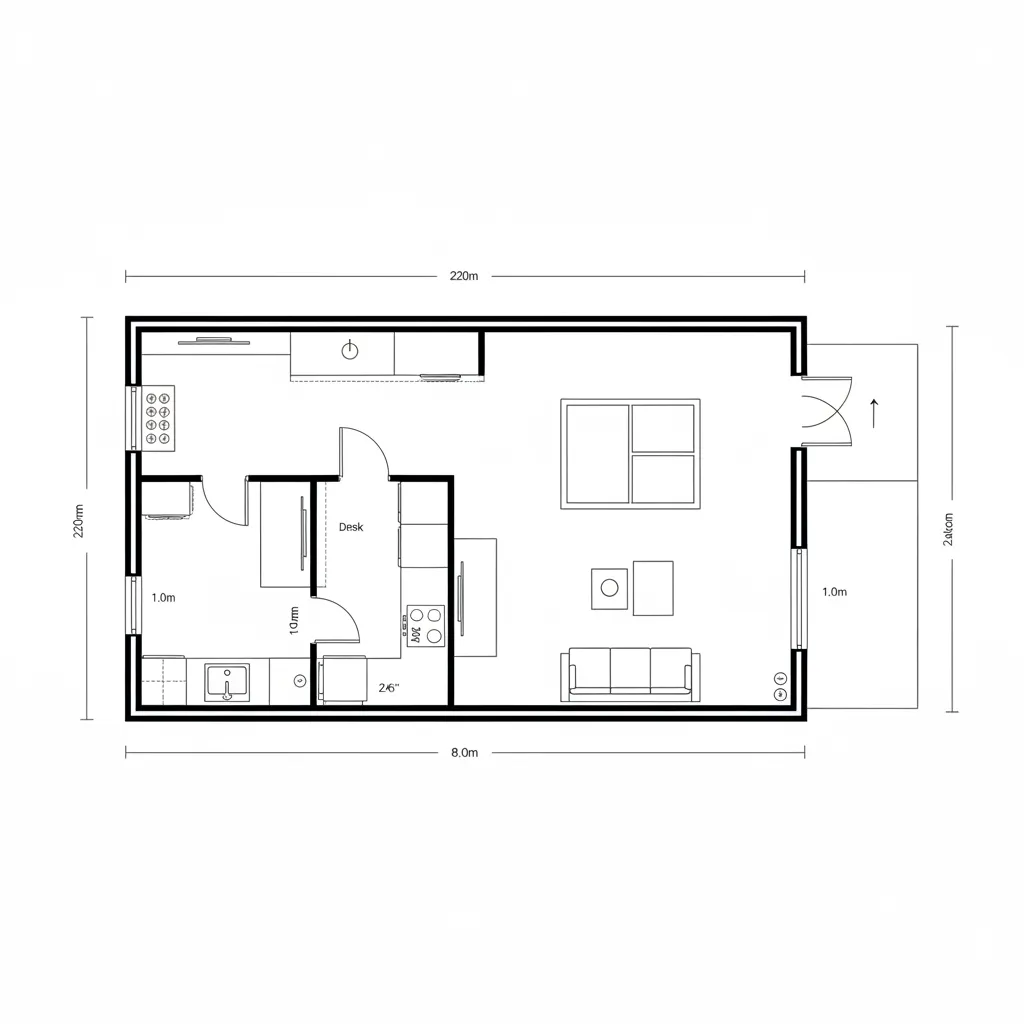 Top-down CAD plan of hybrid work-lounge spine with entry, kitchenette, desk, lounge, and balcony