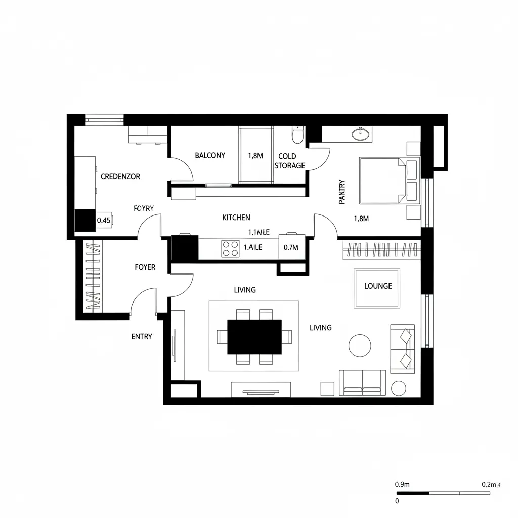 Top-down CAD plan showing entry-to-living-to-kitchen spine with balcony