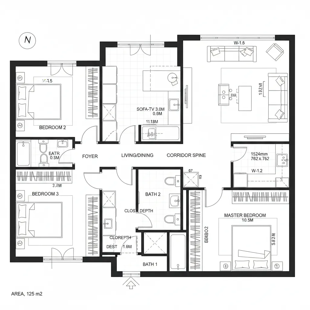 Top-down CAD plan with central spine and programmable half-room