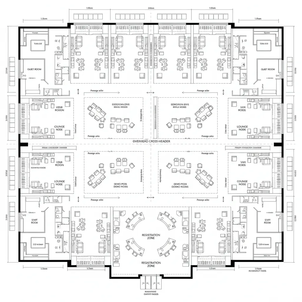 Top-down CAD floor plan of a central spine expo hall with branching bays and rear cache walls.