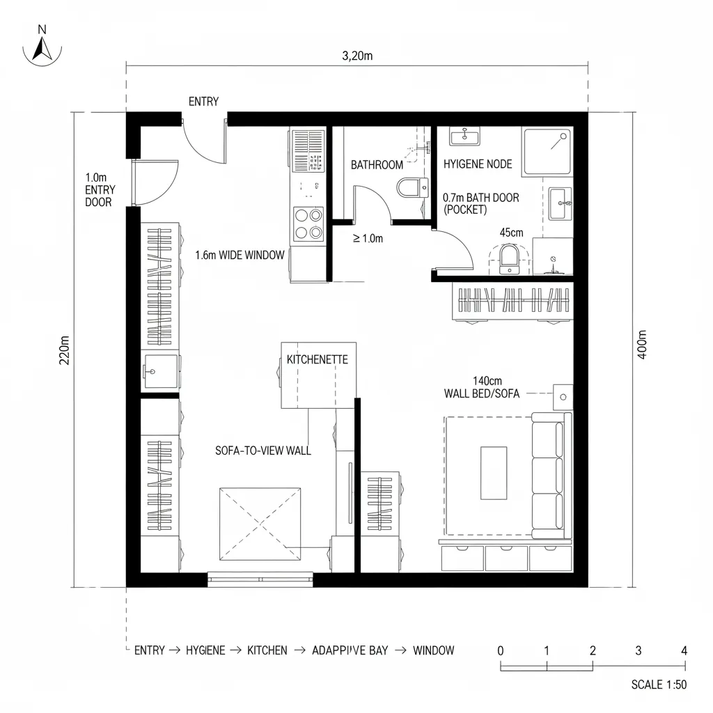 Top-down CAD plan of a 15 sq m studio with a central service spine and two clear bays