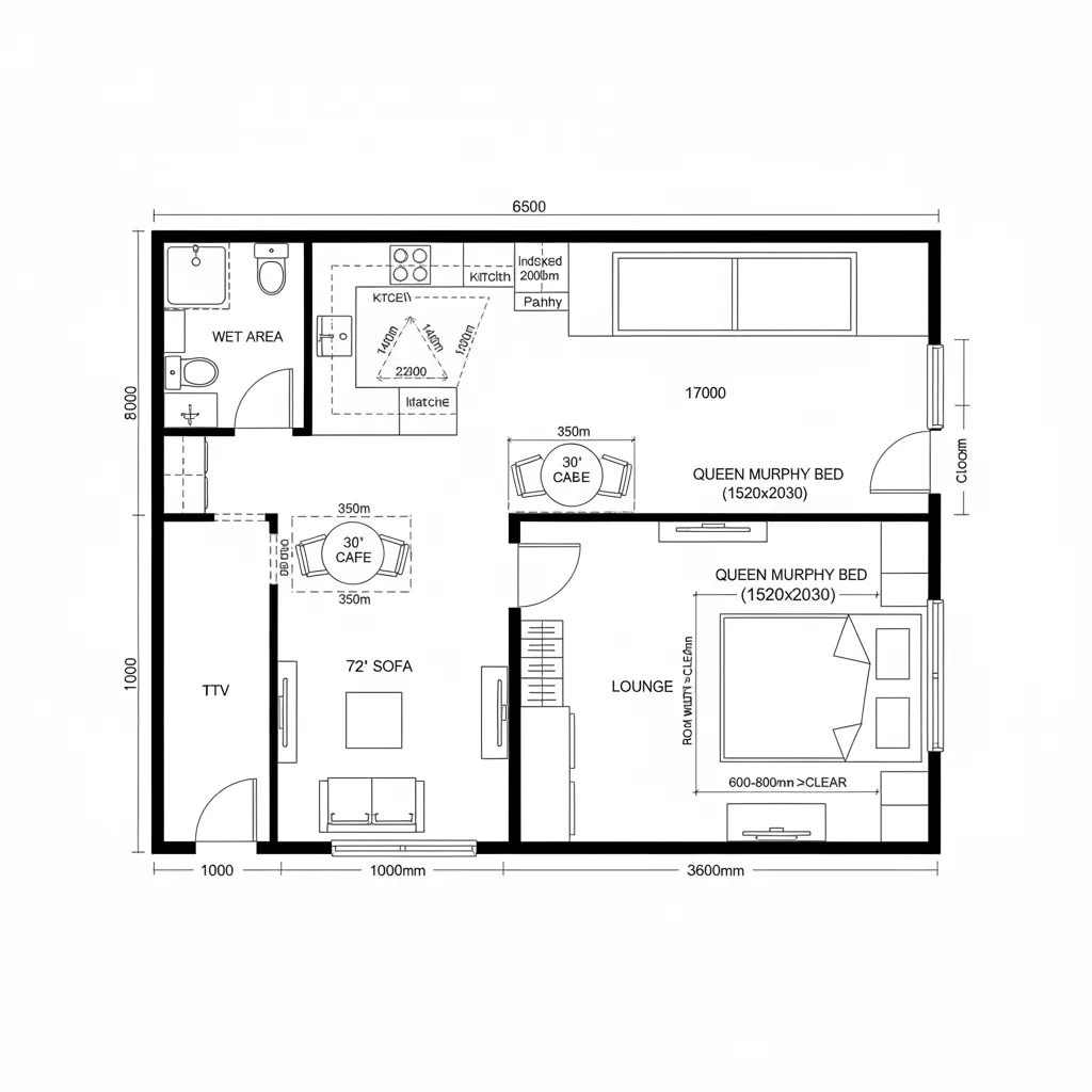 Interior design drawing of a studio layout including bathroom, kitchen, cafe area, sofa, and beds