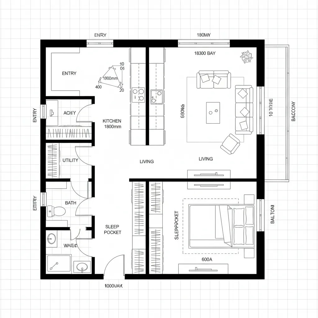 Top-down CAD plan of a studio with central spine and sliding sleep pocket