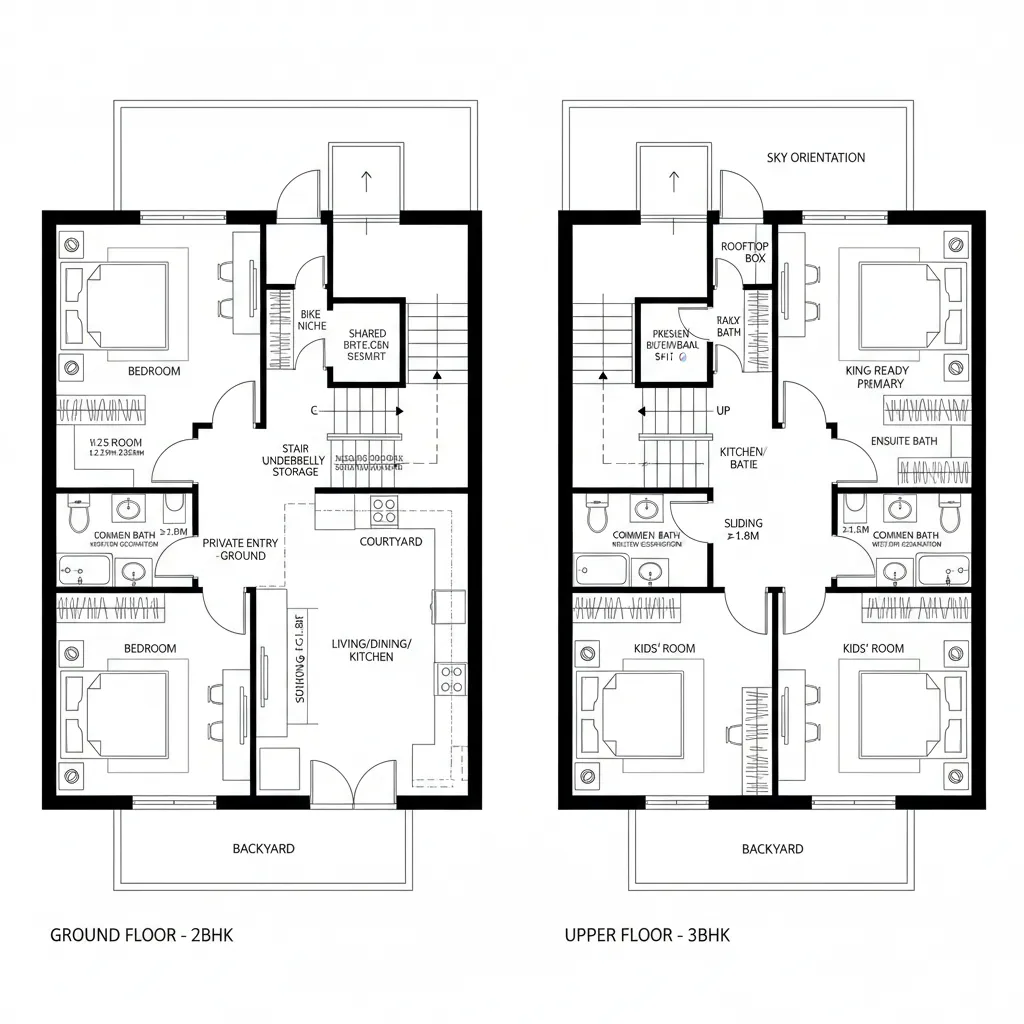 Two floor plan drawings showing ground floor and upper floor layouts with labeled bedroom spaces