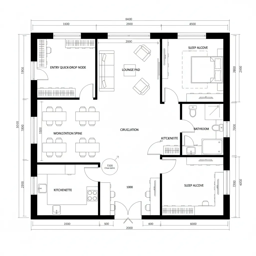 Top-down CAD plan of a 3x3 live-work studio grid with clear circulation loop