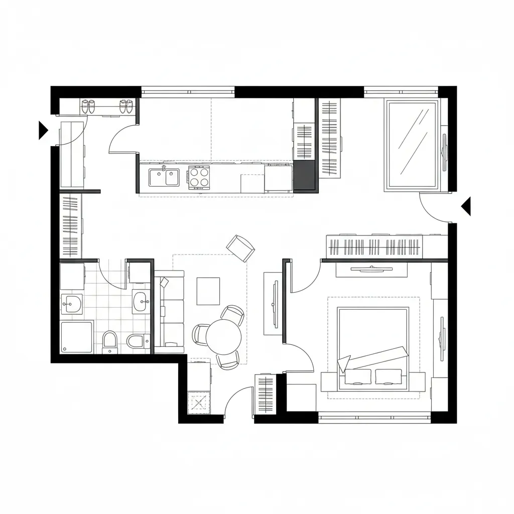 Top-down CAD floor plan of a modular 50m² hybrid studio with galley kitchen and sliding partitions