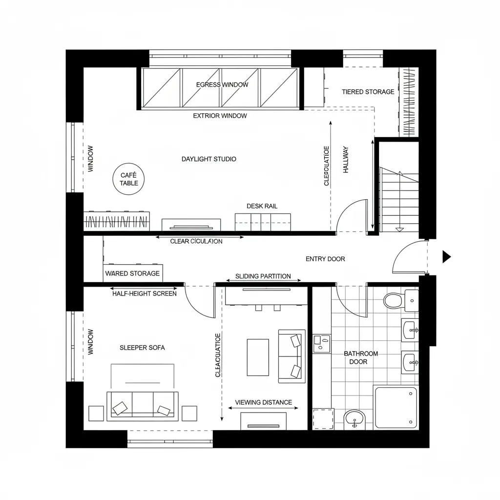 Top-down CAD plan of hybrid studio and guest nook in a 600 sq ft basement