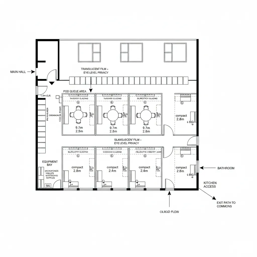 Top-down floor plan of library hybrid studio pods with lockers and equipment bay