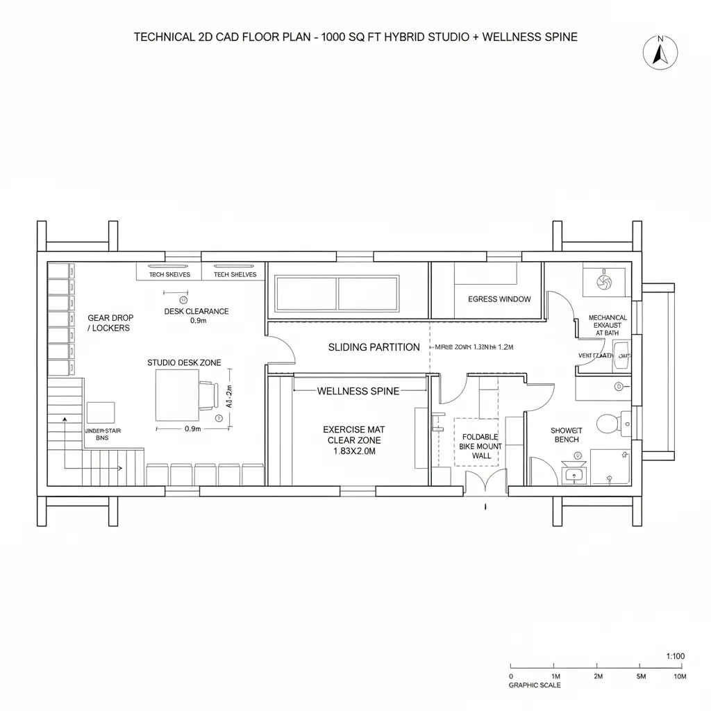 Top-down CAD plan of a basement with a studio and wellness spine linked by a sliding partition.
