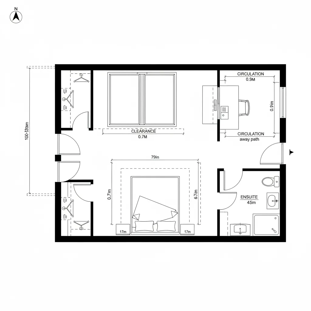 Modern bedroom floor plan with a large bed office desk area and a private bathroom ensuite