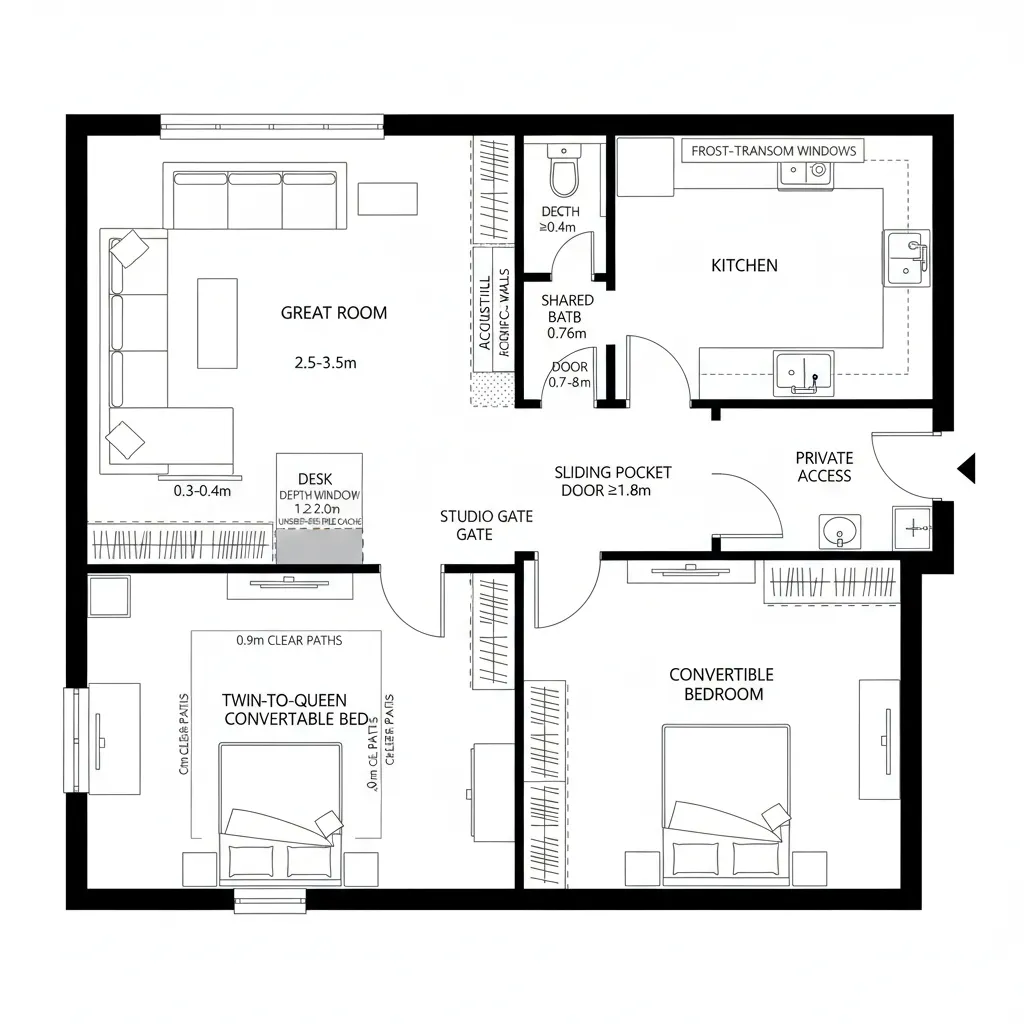 Top-down CAD plan of hybrid suite with sound-isolated studio