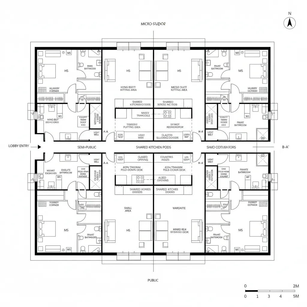 Top-down CAD plan of alternating suites and micro-studios in a checkerboard grid with shared kitchen pods