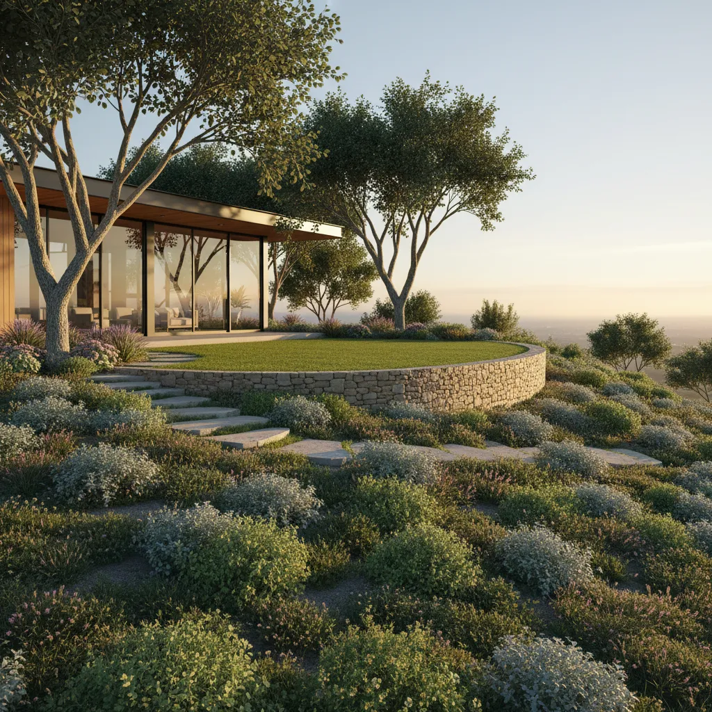 hybrid slope landscaping with small terraces and groundcover plants