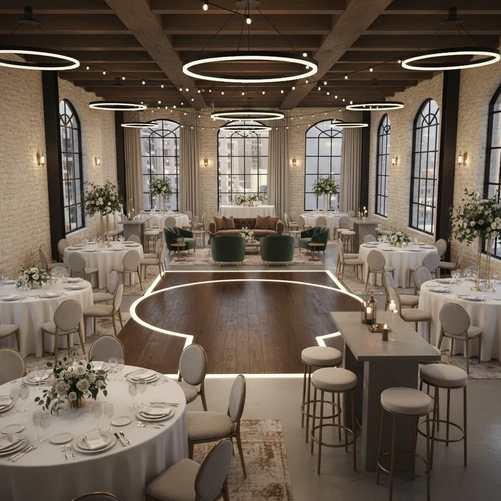Hybrid wedding reception layout combining dining tables lounge seating and cocktail tables