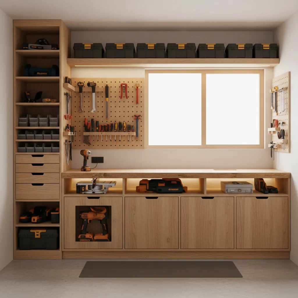 hybrid workshop layout combining vertical storage tower and horizontal workbench cabinets