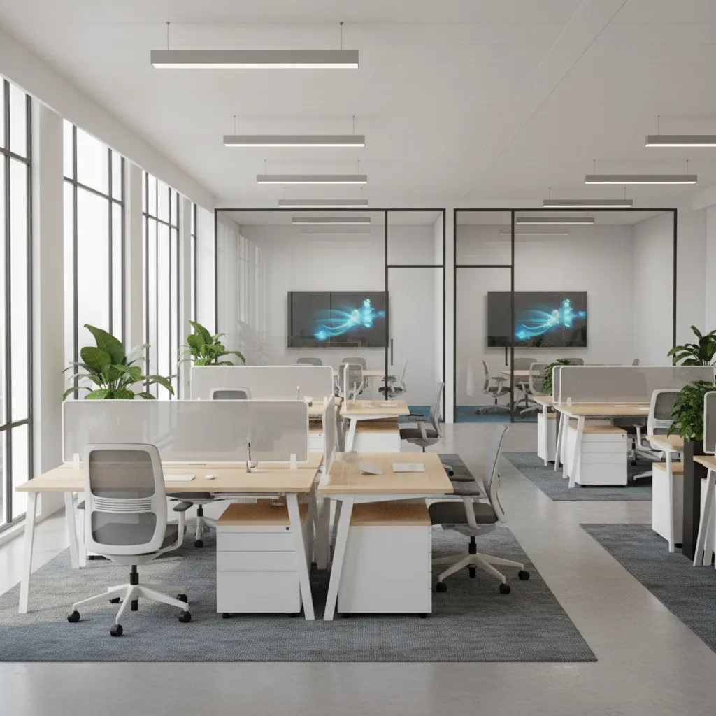 hybrid workplace office layout with flexible desks and meeting rooms