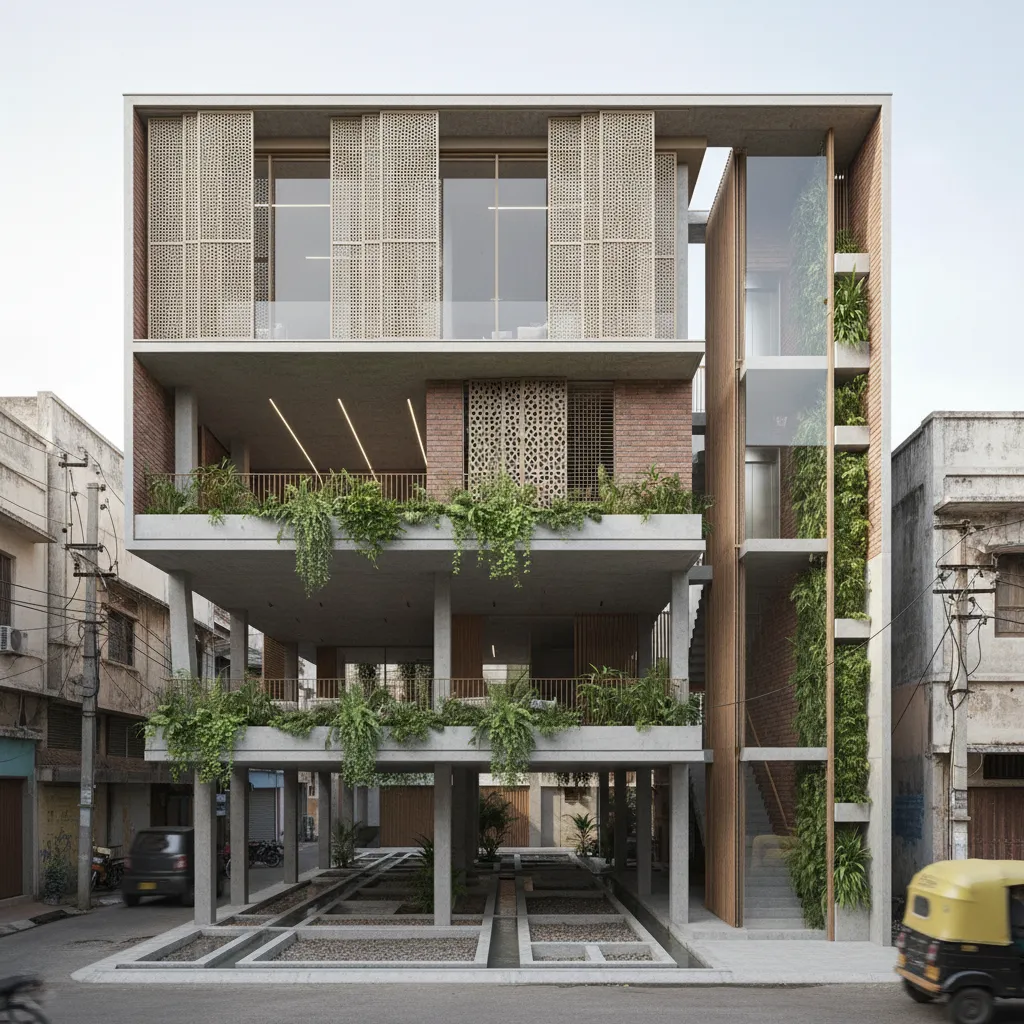 Modern multi-story building exterior design featuring many green plants on balconies and open ground floor