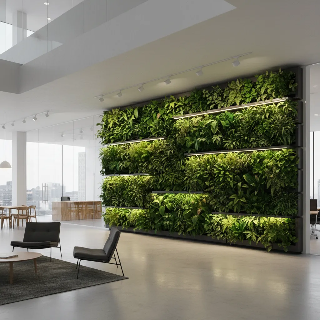 large hydroponic indoor vertical garden system in modern commercial space