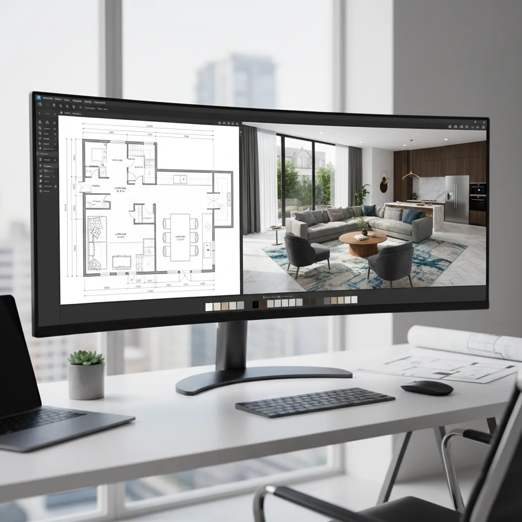 Interfaz de software de diseño de interiores con plano y vista 3D simultánea