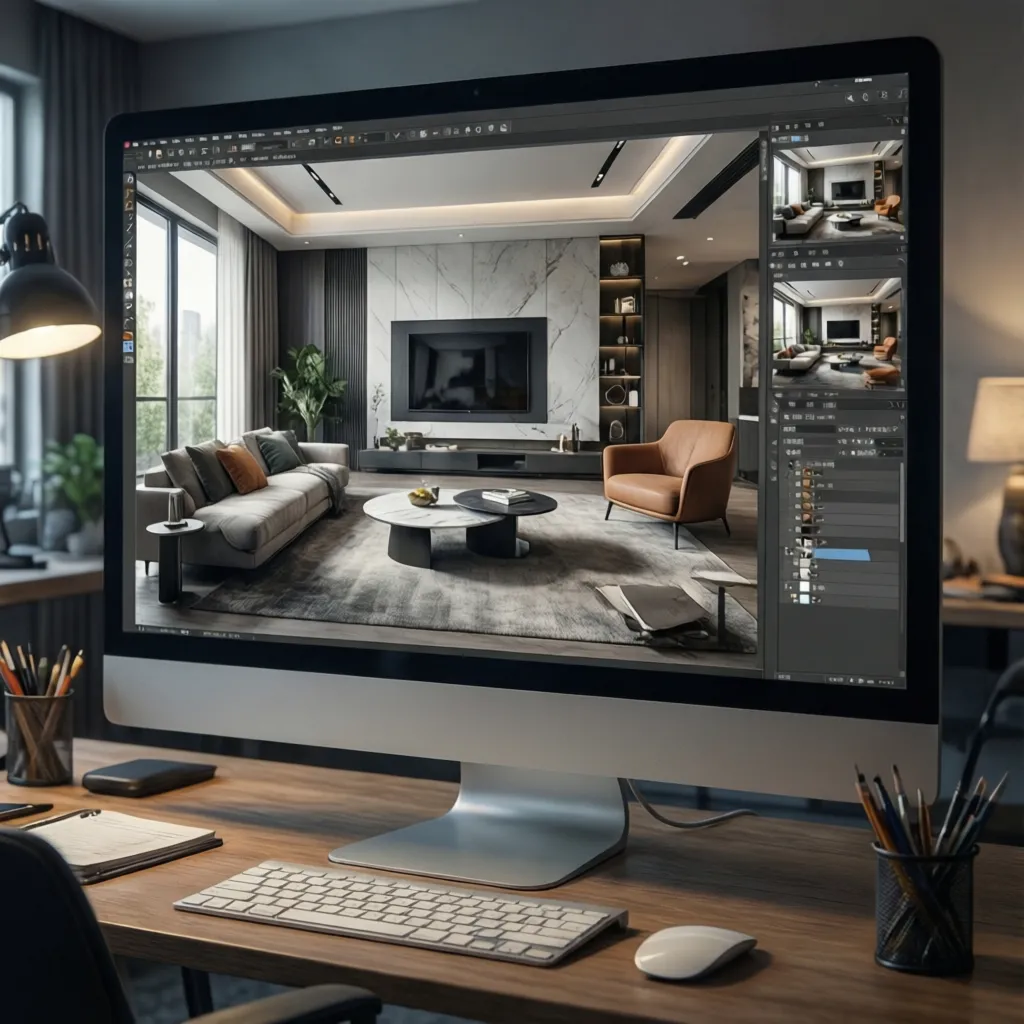 Concepto de inteligencia artificial aplicada al diseño de interiores generando ideas de habitación