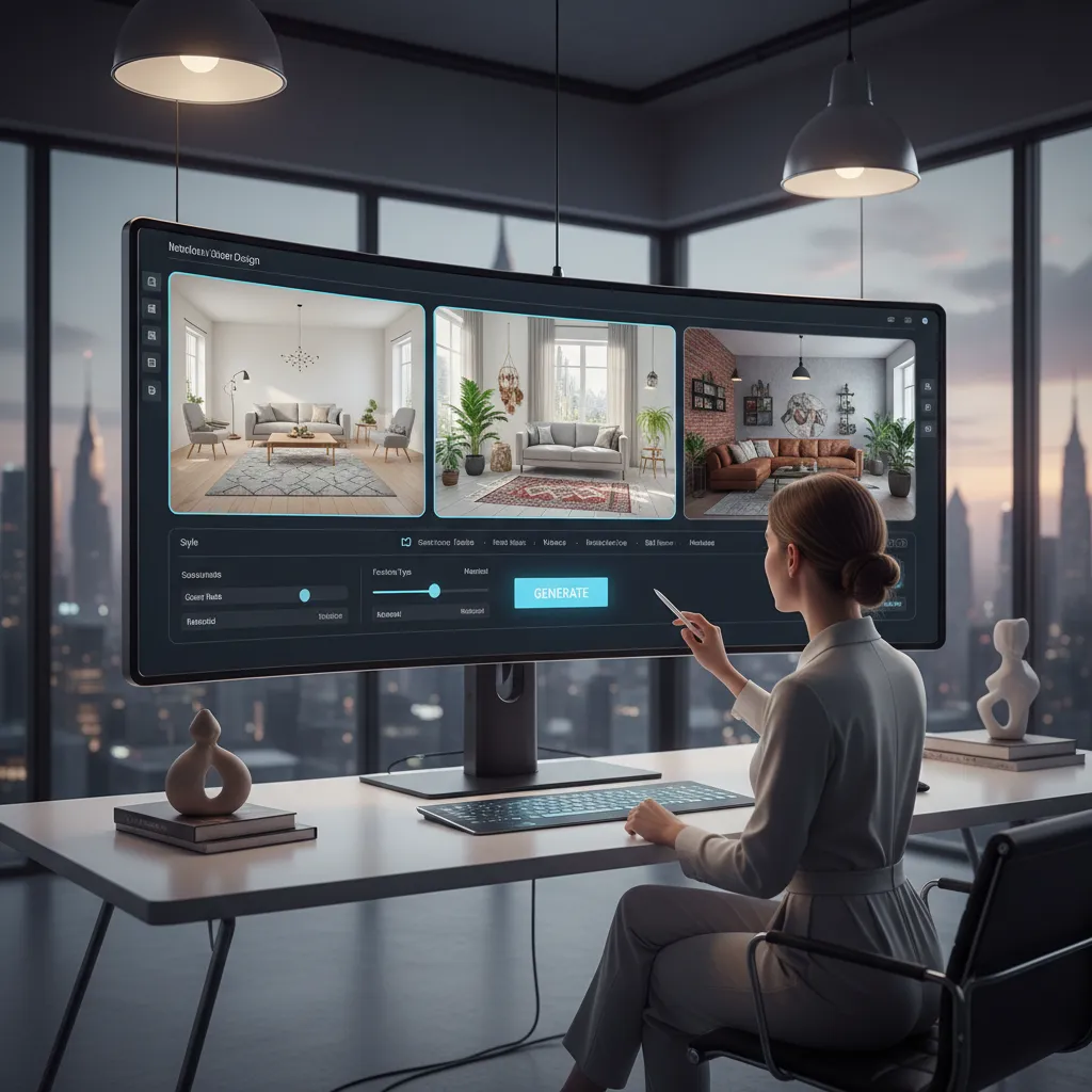 Woman using large curved computer screen showing multiple living room design options with generate button