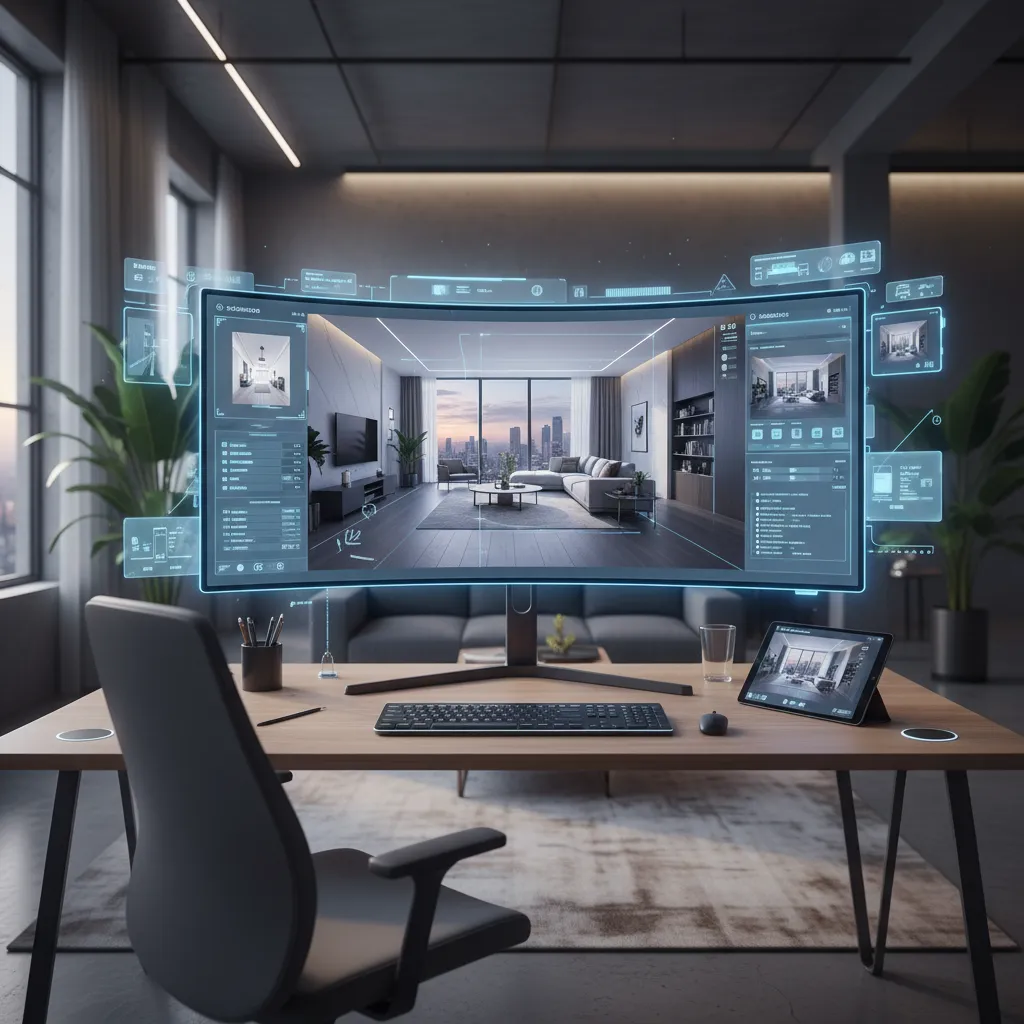 Concepto de inteligencia artificial generando diseño de interiores en pantalla