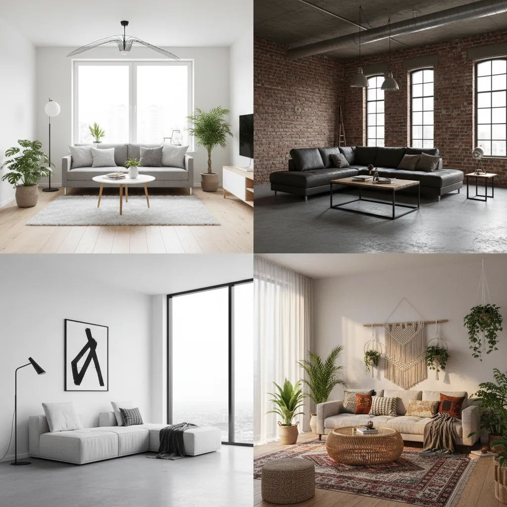 Four different living room interior design styles including industrial modern minimalist and boho chic layouts