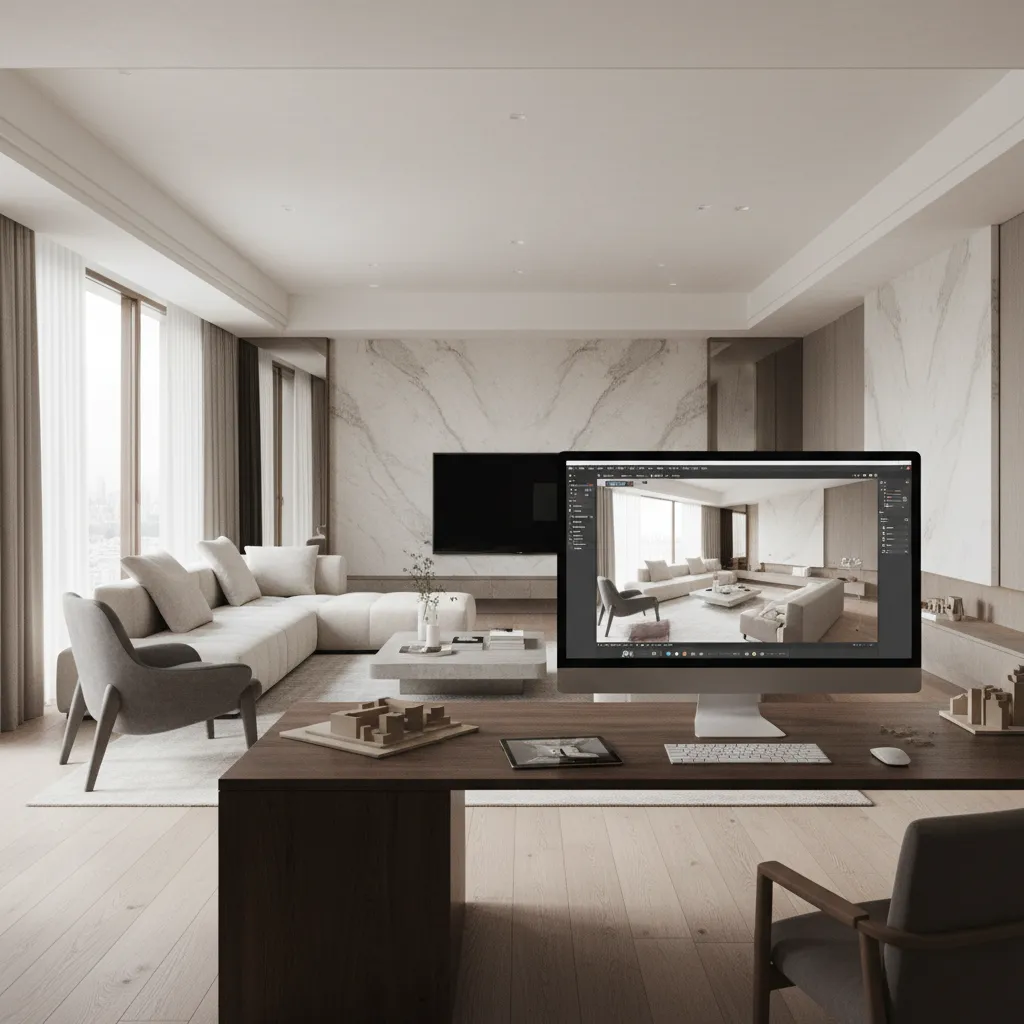 Computer monitor on wooden desk showing interior design software with modern living room in background