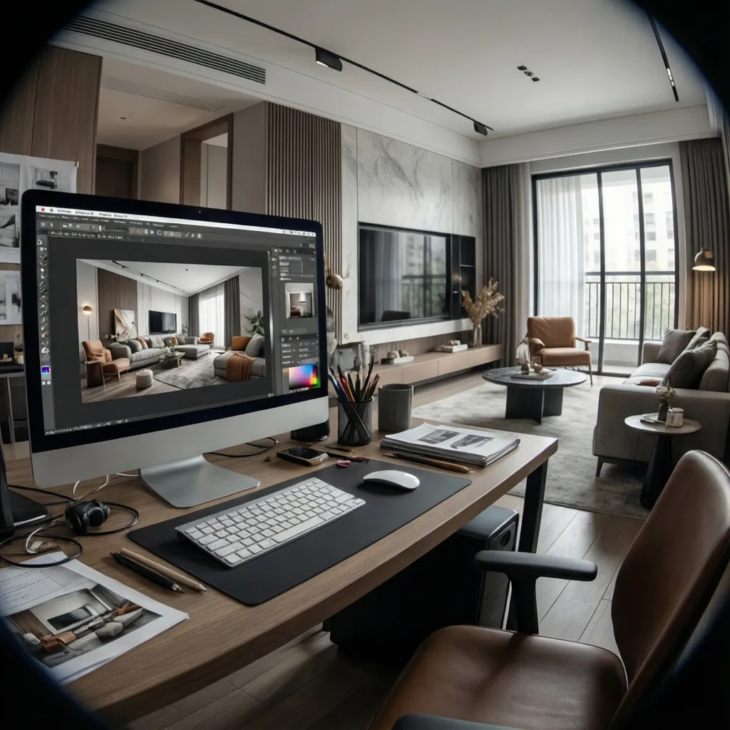 Desktop computer on wood desk showing interior design drawing of living room with grey sofa