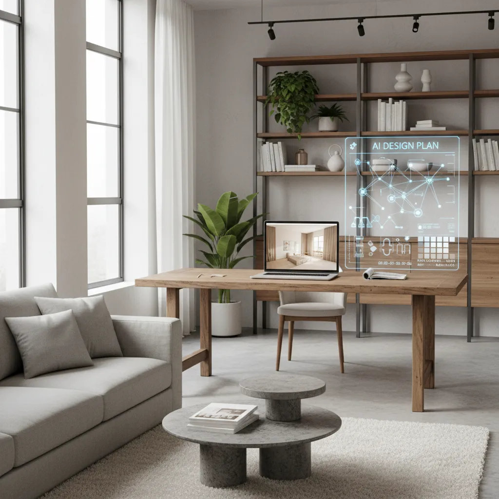 Interior design software on laptop with an AI design plan graphic in a modern setting