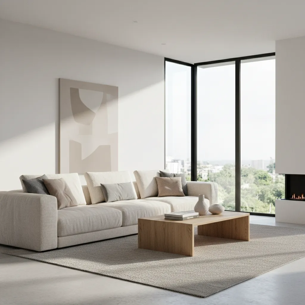 Bright minimalist living room with beige sofa wooden coffee table grey rug and large windows