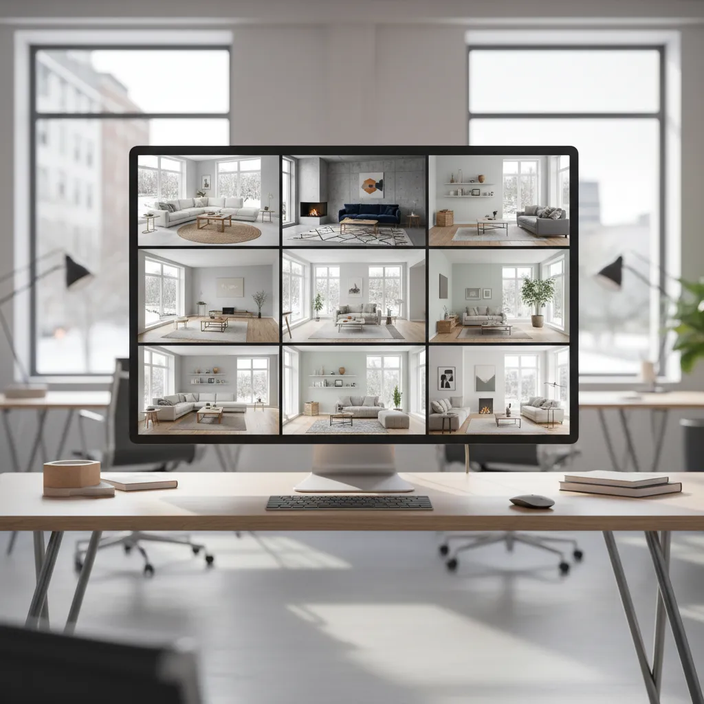 Pantalla mostrando múltiples ideas de diseño de salón generadas por inteligencia artificial