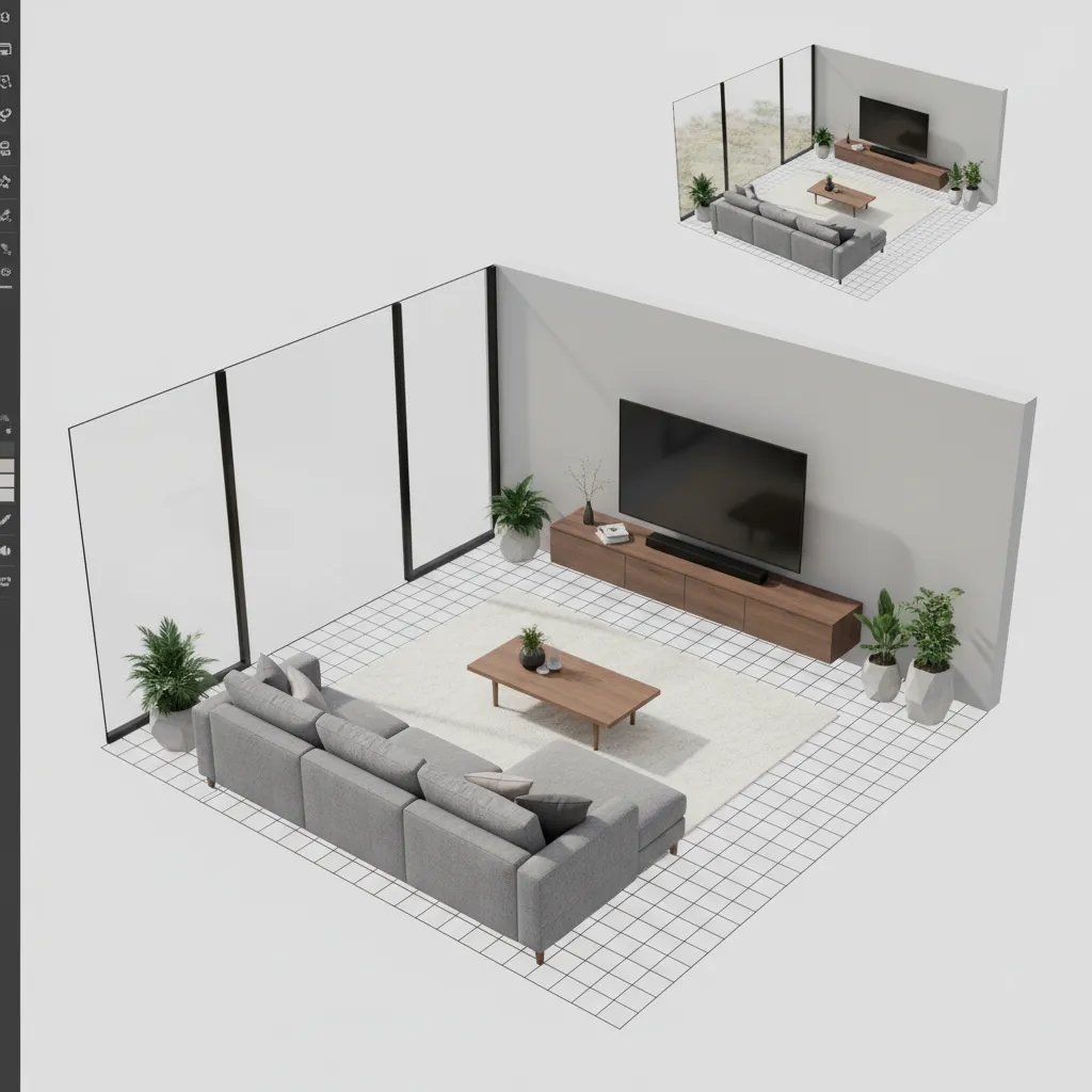 Interior design drawing of a modern living room with grey sofa wooden cabinet and large windows