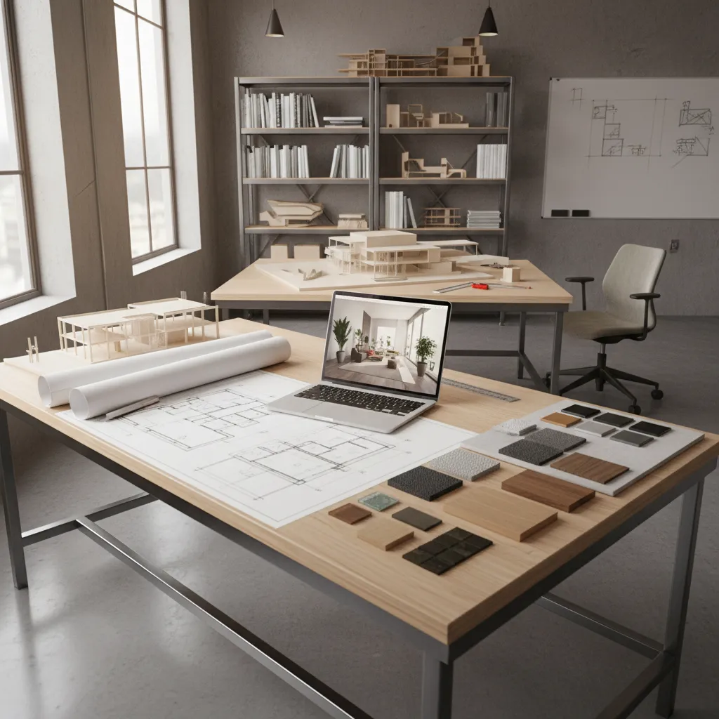 Office desk with laptop showing room design floor plan wood material samples and house models