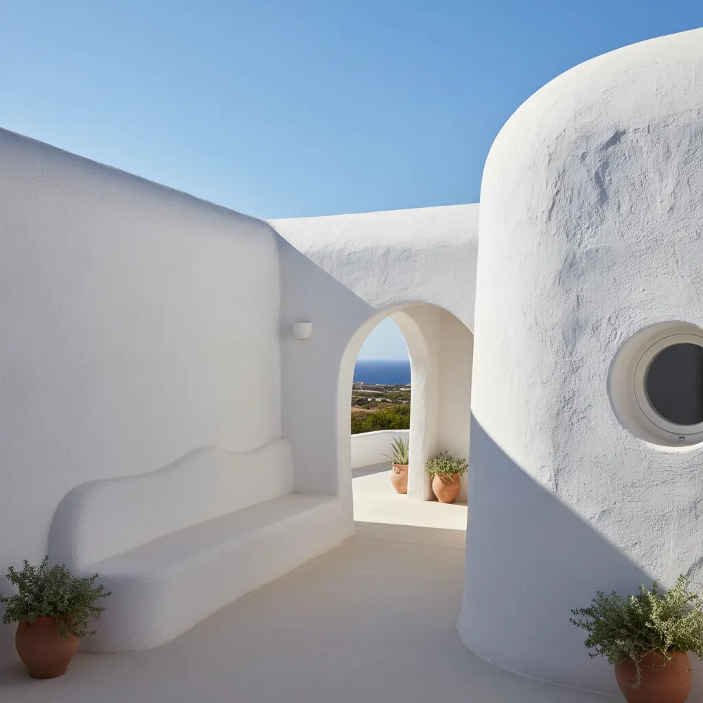 Arquitectura ibicenca con paredes curvas y acabado blanco